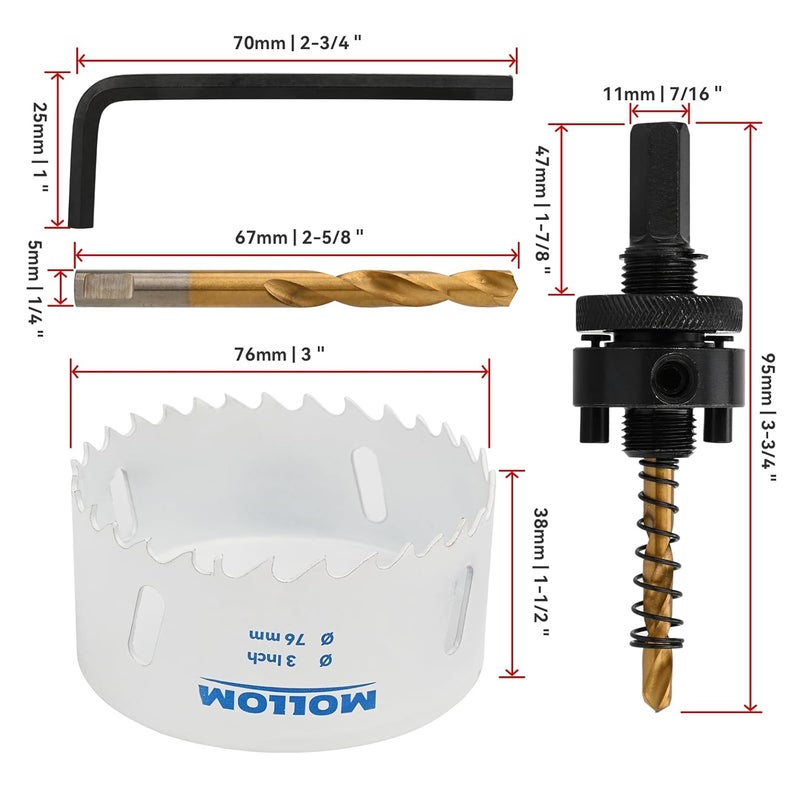 Mollom (76mm | 3") HSS M42 with 8% Cobalt BI-Metal Hole Saw with 2 Pilot Drill Bits & Arbor Smooth Cutting for PVC,Drywall,Wood,Plastic,Gypsum Board,Rubber - Image 2